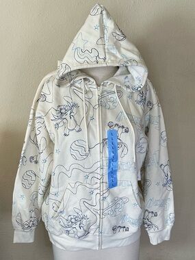 Disney Stitch Hoodie Sweatshirt Women Large Ivory Full Zip AOP Embroidered NWT.
